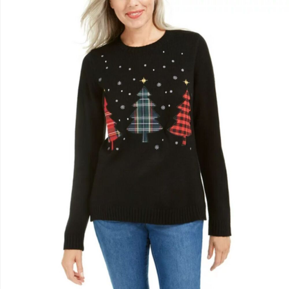 Black Karen Scott Plaid Christmas Trees Appliques Crew Neck Sweater (NWT)